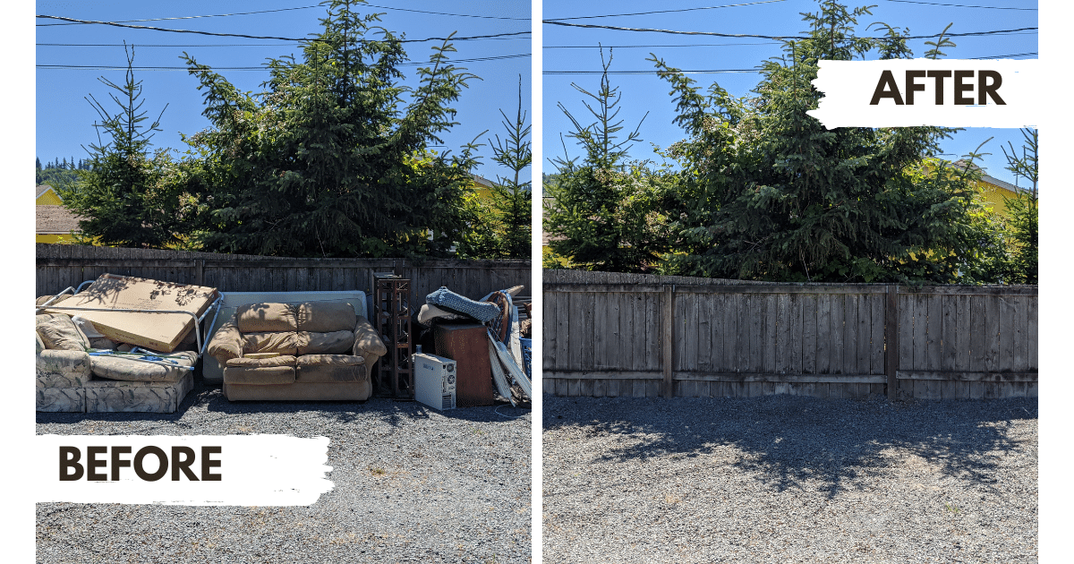 before and after picture of a couch removal job